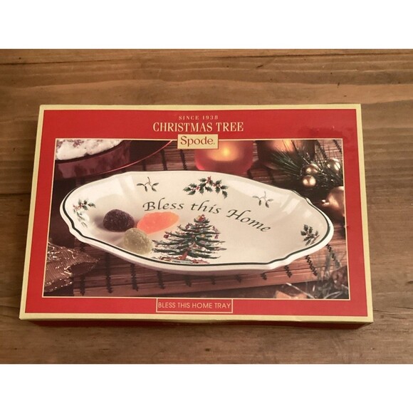 SPODE CHRISTMAS TREE “BLESS THIS HOME “ HOLIDAY SERVING TRAY 11" X 7"     NIB - Picture 2 of 9